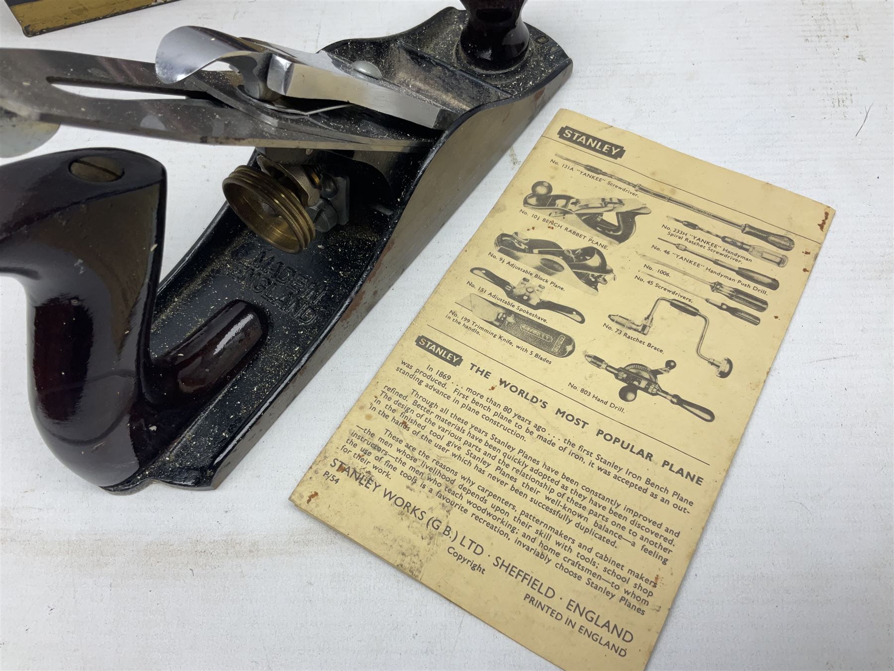 Stanley No.4 wood working plane, in original box, together with a cash tin box and British Boudoir travel iron 