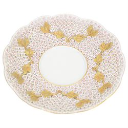 Meissen style Schneeballen or Snowball ecuelle, cover, and stand, profusely encrusted throughout with small white flower heads, with gilt vine handles and detail, overall H10.5cm, stand D18cm