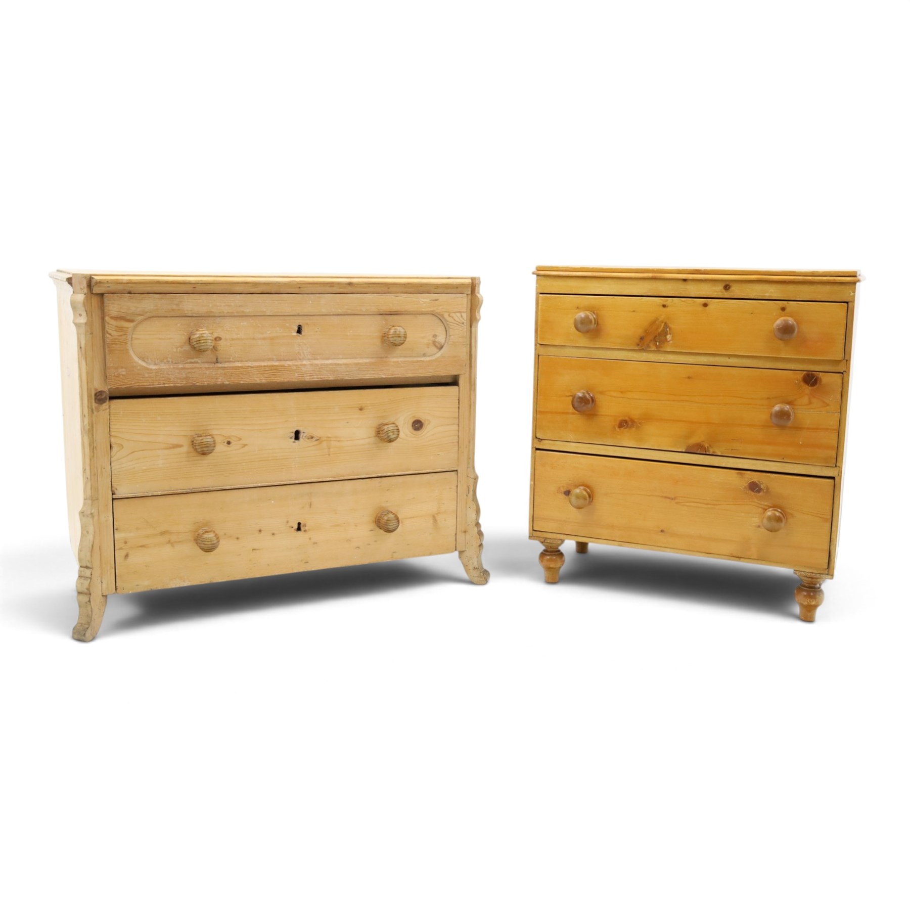 Two pine chests, comprising Victorian pine chest fitted with three  drawers with turned handles, shaped uprights extending to bracket feet, (H 83cm, W 77cm, D 41cm) and Continental pine chest fitted with three drawers with turned handles, on turned feet (H 81cm, W 100cm, D 51cm)