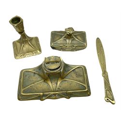 19th century French Art Nouveau gilt bronze four piece desk set by Guenardeau, comprising pen stand with inkwell, blotter, letter opening and candlestick, each decorated with stylised tendrils, the pen stand signed Guenardeau 