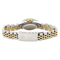 Rolex Oyster Perpetual DateJust ladies stainless steel and gold automatic wristwatch, circa 2000, Ref. 79173, serial No. P551650, silvered dial with baton hour markers,  on Rolex Jubilee stainless steel and gold bracelet, with fold-over clasp, boxed with papers