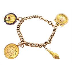 Rose gold tapering curb chain bracelet with clip stamped 9c, with two gold and enamel football medallions inscribed 'Coventry. North Warwickshire. League', the reverse of one inscribed 'Leamington Town Winners 1920-21 H. Deeming' and one other medallion all hallmarked 9ct and one other fob  