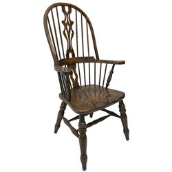Stained beech Windsor armchair, double hoop and stick back with shaped and pieced splat back, on turned supports united by double swell-turned H stretchers