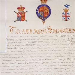 Victorian vellum Grant of Arms to James Hartley M.P. of Bishop Wearmouth, Union of Sunderland, County Palatine of Durham 1865, with three wax seals in gilt brass cases and original case 
