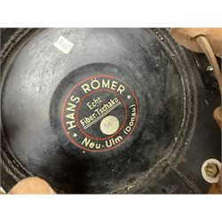 WW2 German rural police shako with helmet plate and liner; bears label 'Hans Romer Echt Fiber-Tschako Neu-Ulm (Donau)'