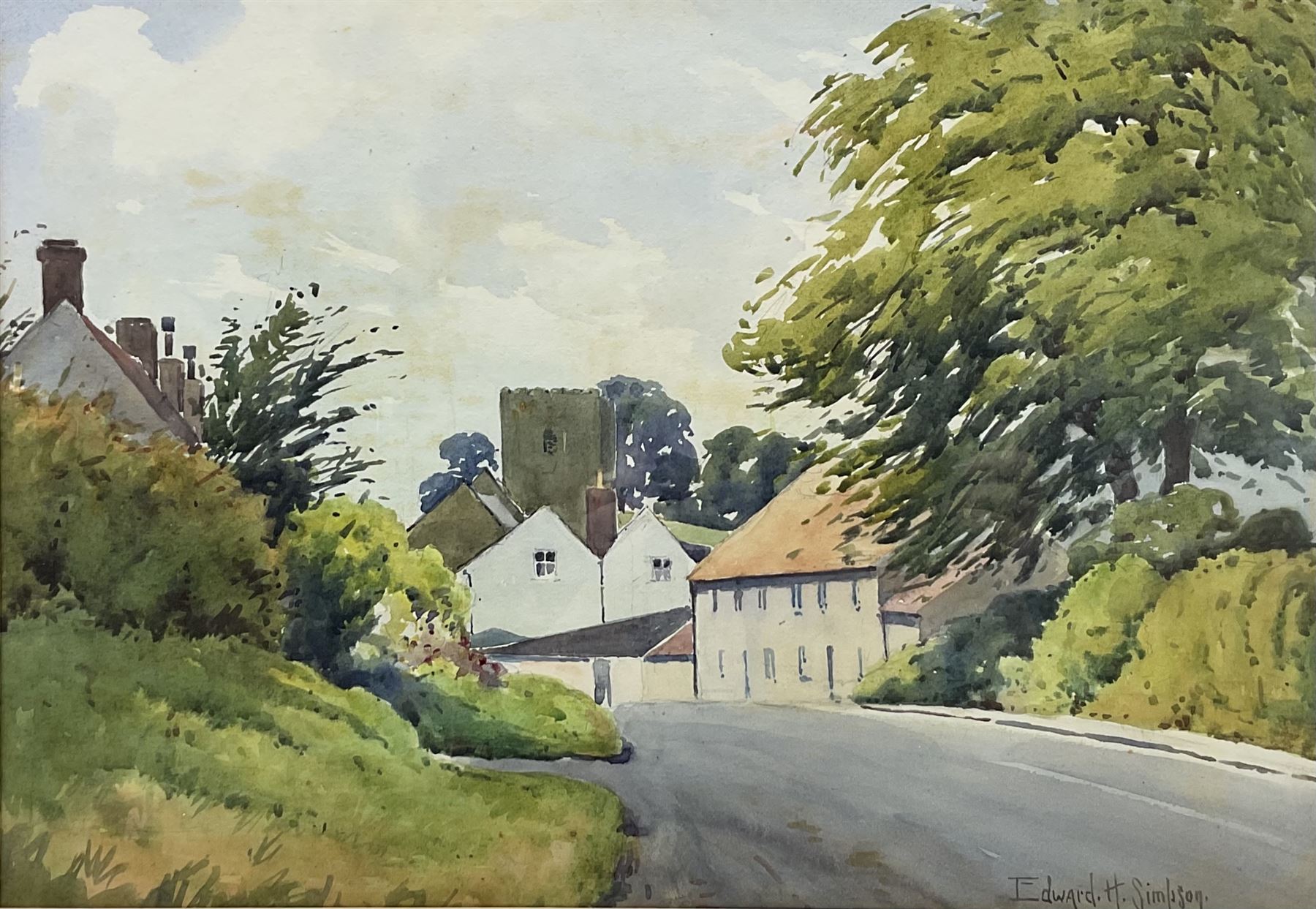 Edward H Simpson (British 1901-1989): Folkton Village Main Street and Hiking through the North Yorkshire Moors, two watercolours signed max 36cm x 52cm (2)