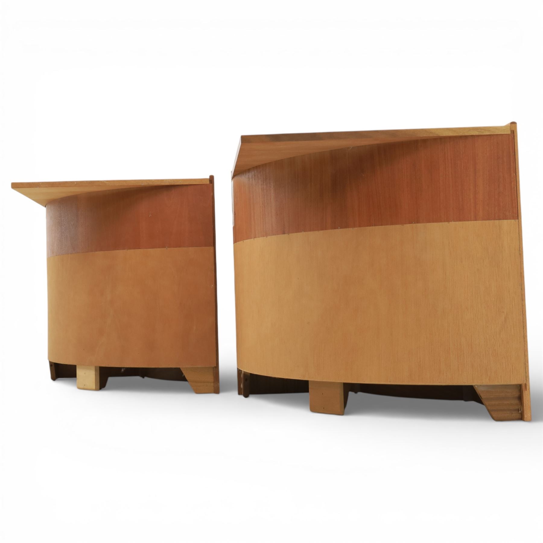 Nathan - concave corner cabinet, each of quarter round form with square top to fit against a wall, with open display compartment above a signature square panelled cupboard door, raised on a recessed plinth base