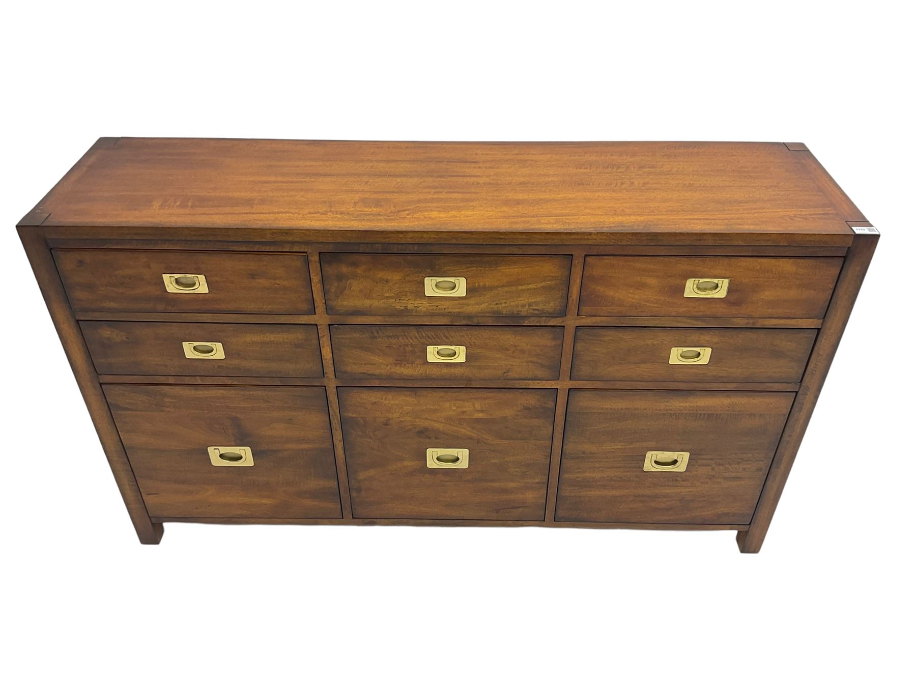 Cherrywood military style sideboard chest, fitted with nine drawers with recessed brass handles
