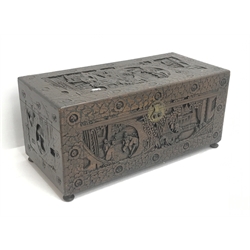  Eastern carved camphor wood blanket box depicting urban scene, W94cm, H49cm, D45cm   