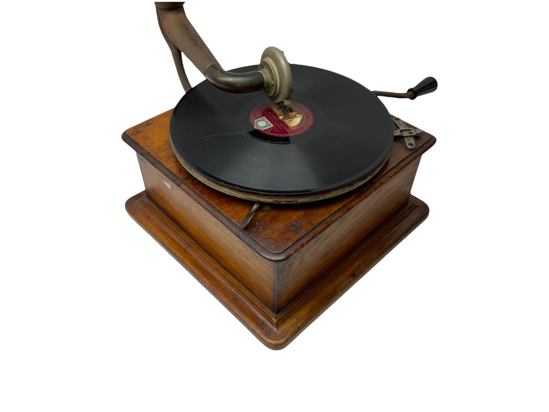 Early 20th century oak cased gramophone, the motor marked 'Garrard No.20 REF No.1030', with ribbed oak horn, base 30cm square; with one 78rpm record and Columbia tin of needles