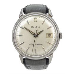 Bulova gentleman's self-winding stainless steel wristwatch, with date aperture, back case numbered J654682, on grey leather strap