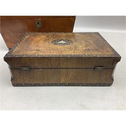 Walnut tea caddy of sarcophagus form, two division lidded interior with a later glass mixing bowl, upon four brass bun feet together with a walnut sewing box with mother of pearl inlaid decoration, tea caddy H16cm