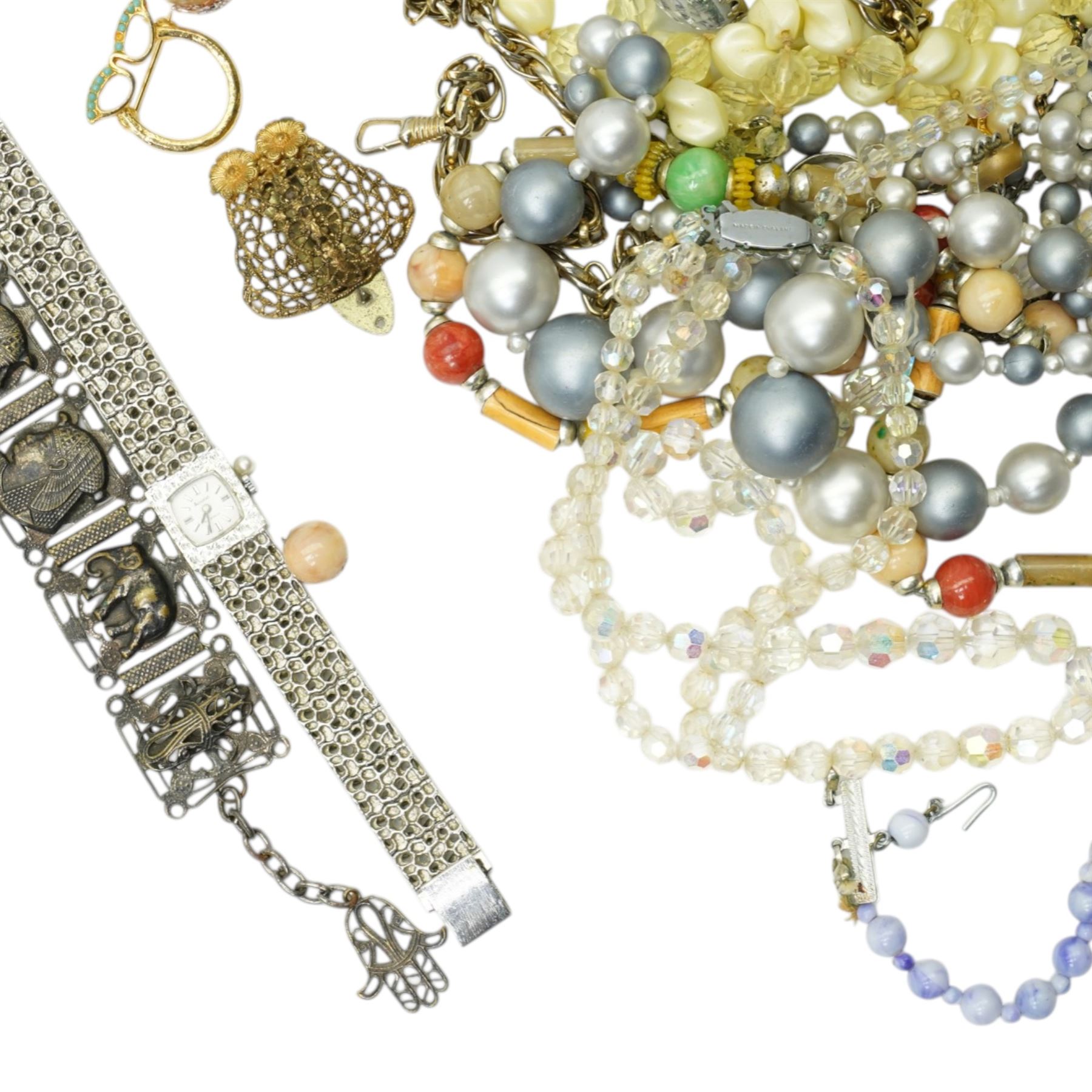 Victorian gilt rock crystal brooch, 9ct gold chase link chain necklace, Accurist ladies wristwatch, malachite bead necklace, silver jewellery including a filigree cameo bracelet, portrait miniature brooch, rings etc, together with various costume jewellery