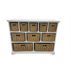 White finish open chest, fitted with ten graduating pigeonholes with basket drawers, on plinth base