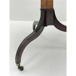 Regency style birdseye maple and rosewood tripod table, hexagonal tilt top with segmented veneer and banding, tapered hexagonal column on three splayed serpentine supports, brass cups and castors 