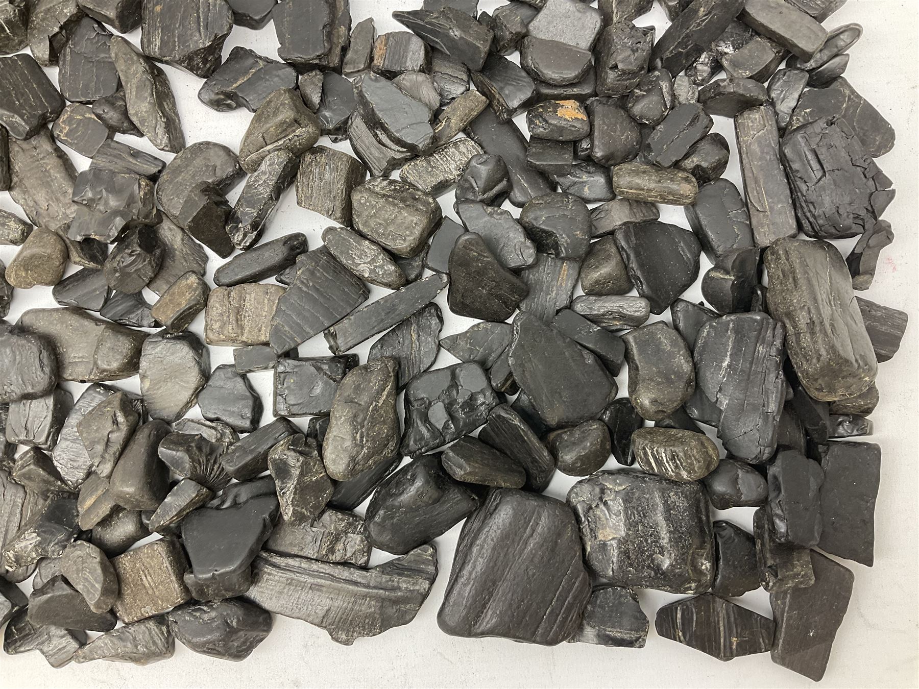 Collection of raw Whitby jet including large piece with one polished side, approx 4lbs