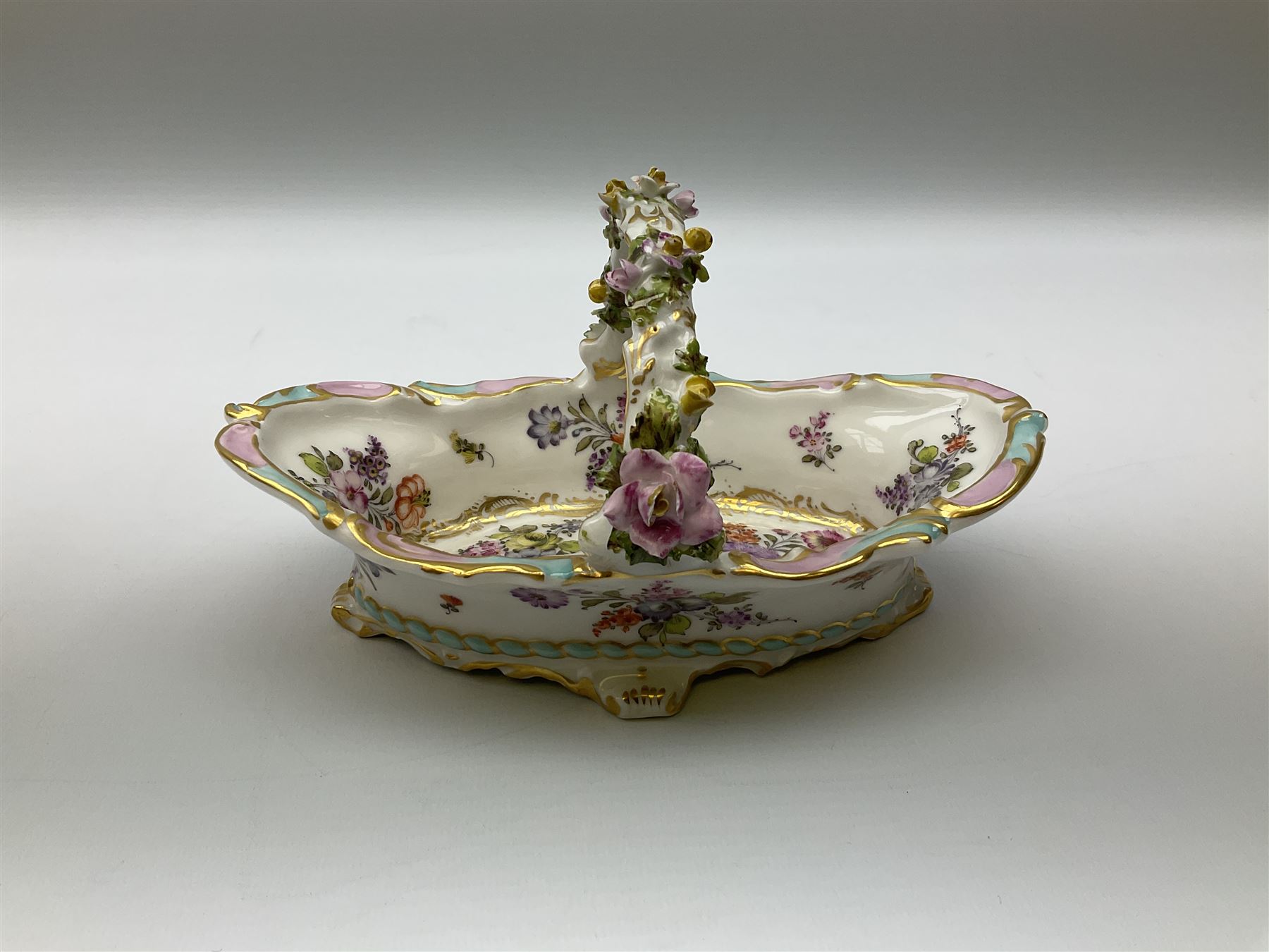Dresden floral basket, hand painted with floral decoration and gilt scrolls, H12cm, L20cm. 