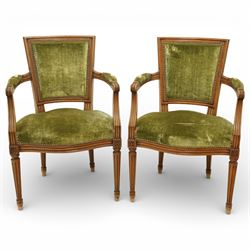 French Louis XVI style walnut armchairs, rectangular upholstered backs with nailhead trim,...