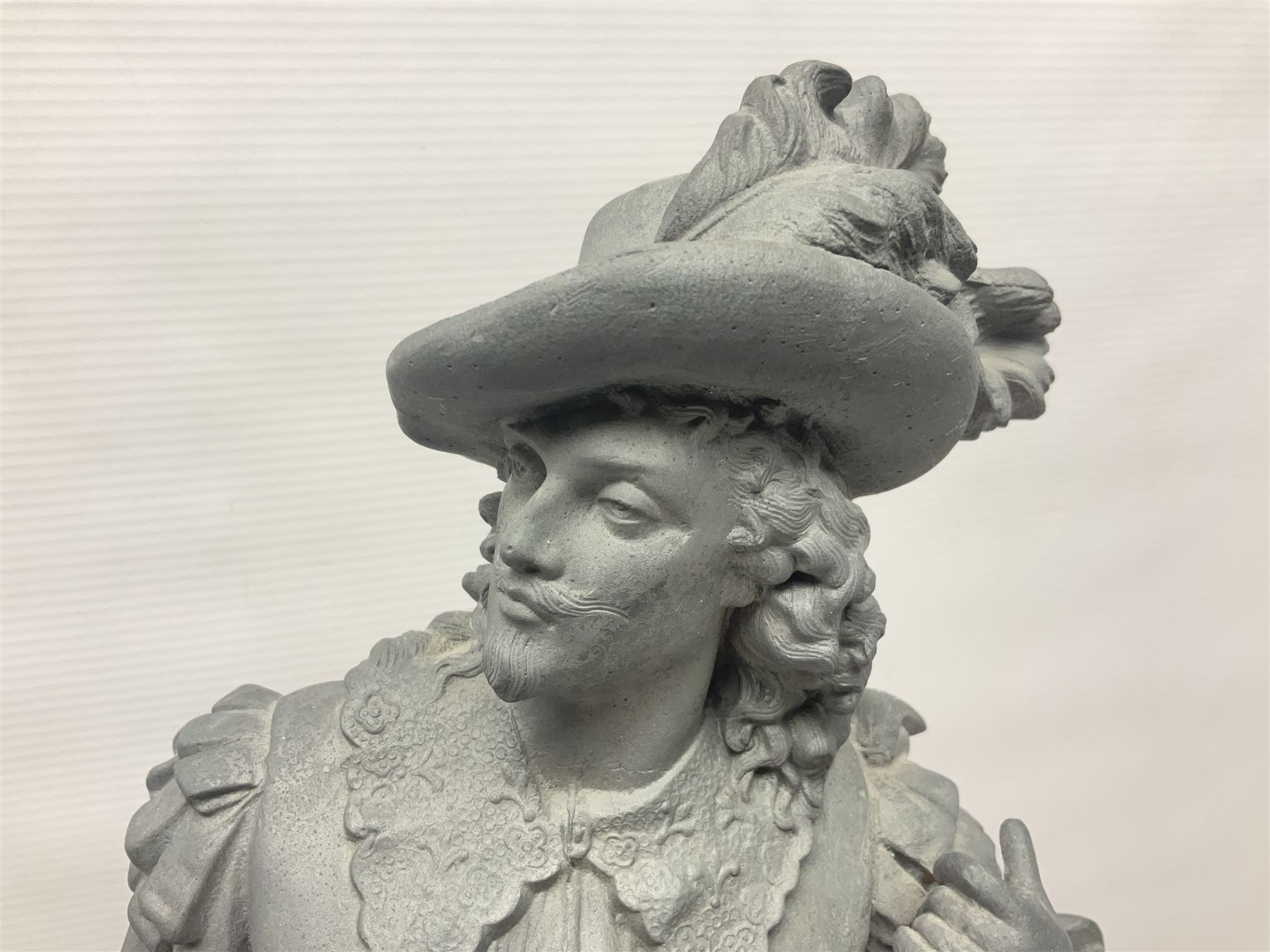 Pair of spelter figures modeled as Cavaliers, together with a spelter figure of Joan of Arc, largest H52cm