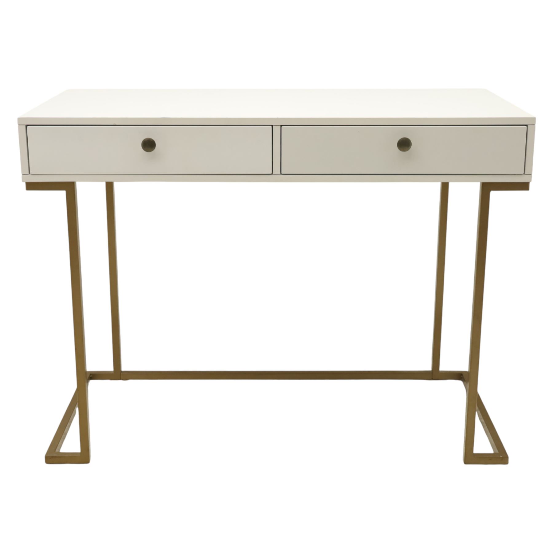 Modern white dressing table, rectangular top above two frieze drawers with bronze metal handles, upon square metal supports
