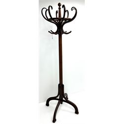 Late 19th/early 20th century bent wood coat stand, series of s-scroll hooks on cluster column with four serpentine supports