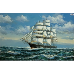 English School (Late 20th century): Clipper Ship at Sea, oil on board indistinctly signed 59cm x 90cm 