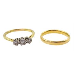 18ct gold three stone diamond chip ring, Birmingham 1972 and a 22ct gold wedding band, Birmingham 1925