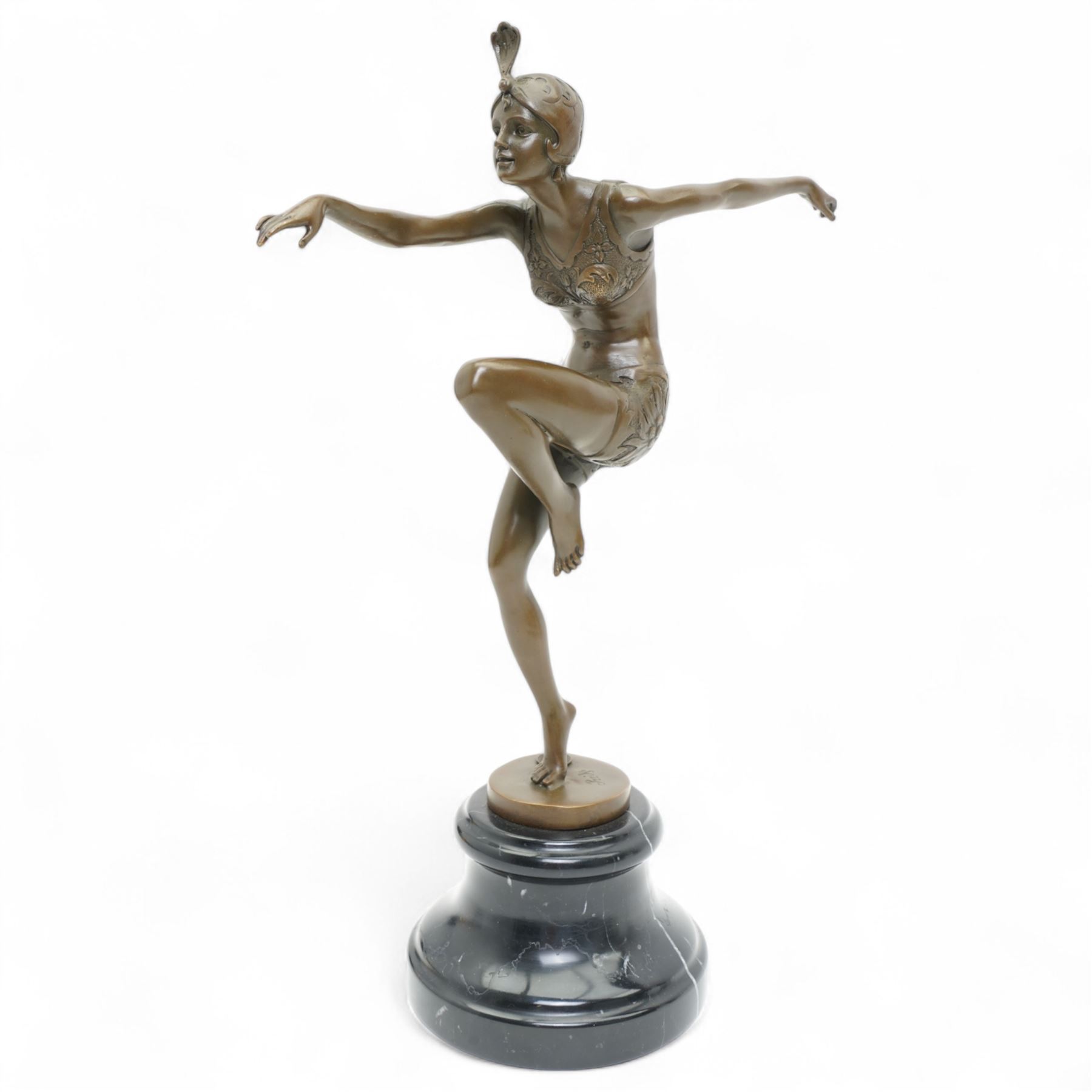 After Ferdinand Preiss (German 1882-1943): 'Con Brio', bronze figure bearing signature and with foundry mark, on black veined marble base, H38cm 