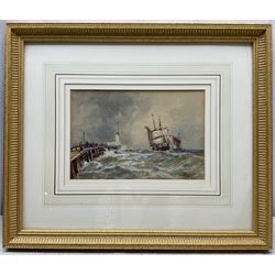 Frank Henry Mason (Staithes Group 1875-1965): Ships Returning to Calais and Shipping off the Coast, possibly St Andrews, pair watercolours heightened in white signed 15cm x 23cm (2)