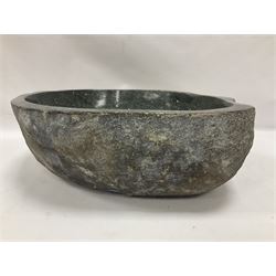 River rock carved stone bowl with polished centre, H16cm, W36cm, L47cm