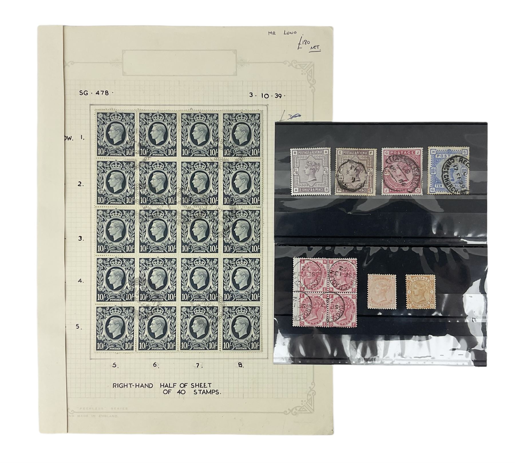 Queen Victoria and later Great British stamps, including five shillings, three pence block of four, block of twenty King George VI used ten shillings dark blue etc