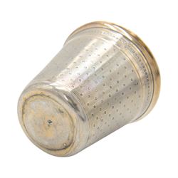 Early 20th century French silver wine tasting beaker, slightly tapered form with gilt interior, the body decorated with engraved monogram and engine turned pattern with makers mark for Emile Puiforcat, H6cm