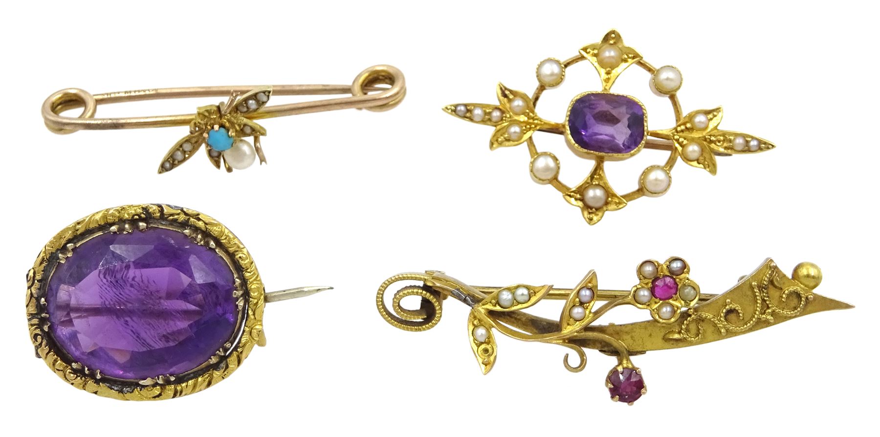 Edwardian gold amethyst and pearl brooch, turquoise and pearl bug brooch and a garnet and pearl brooch, all 15ct and one other purple stone set brooch 