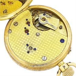 19th / early 20th century 18ct gold open face keyless lever pocket watch, white dial with Roman numeral hour markers, engraved foliate case with empty cartouche, Helvetia hallmark