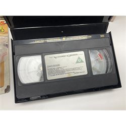 Dino-Riders 1980s by Tyco Action-GT, Stegosaurus with Tark and Vega Heroic Dino-Riders; Triceratops with Hammerhead and Sidewinder Evil Rulon Warriors; and Struthiomimus with Nimbus Heroic Dino-Rider; all boxed; two Action Figures, re-bagged on original card backing; and two VHS video tapes (6)