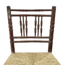 Pair of 19th century lacquered faux bamboo rush seated side chairs chairs, original blue paint under later ox-blood lacquer finish