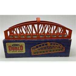 Hornby Dublo - Breakdown Crane No.4062 with screw jacks in plain red box with end label; D1 Girder Bridge, boxed; and T.P.O. Mail Van Set, boxed with mail bags (3)