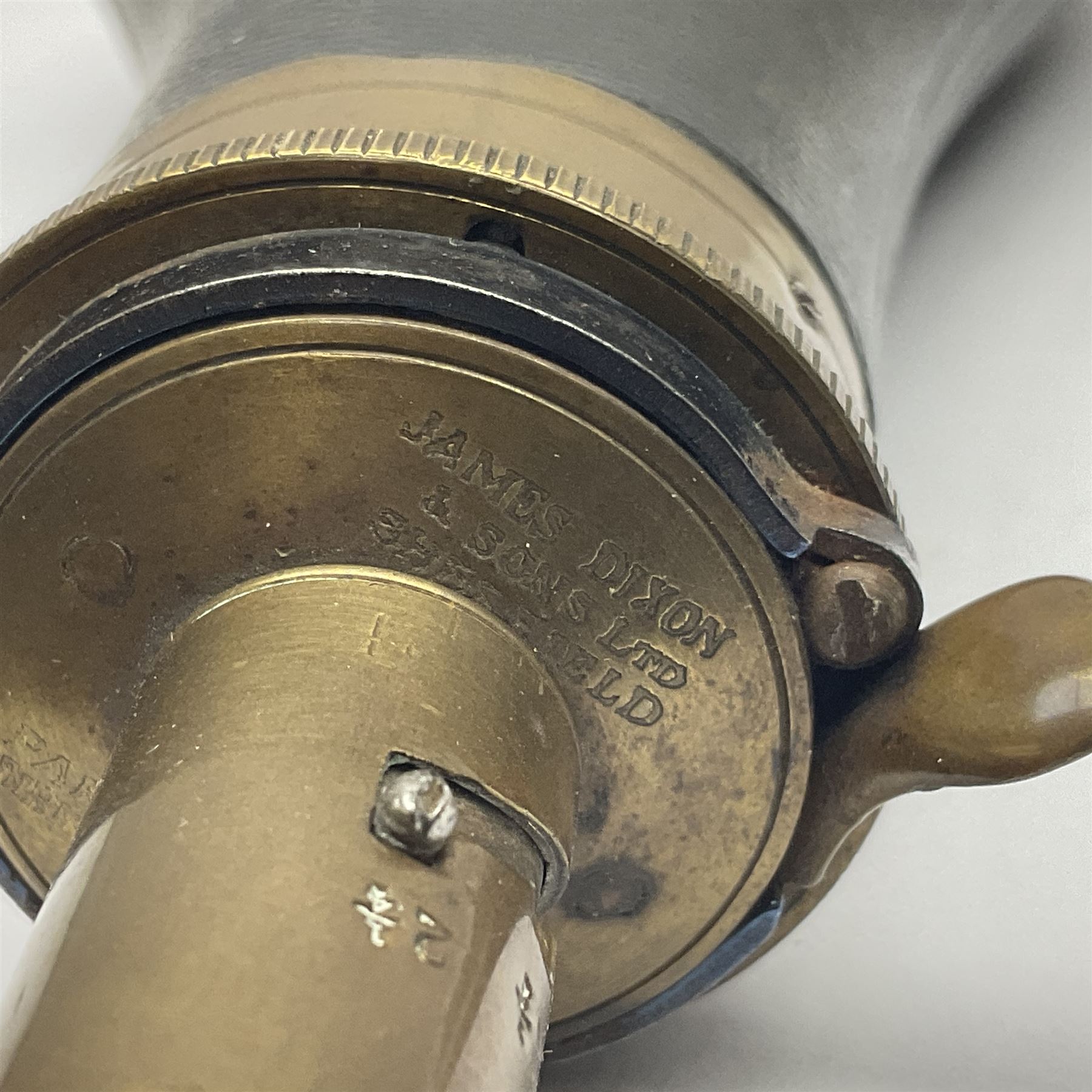 19th century James Dixon & Sons leather covered powder flask with patent action adjustable shot measure to dispense 2 1/4 - 3 drams; marked Parker Hale Ltd. Birmingham England L20cm