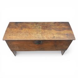 18th century oak coffer, with patinaed plank top, with iron strap hinges and latch 