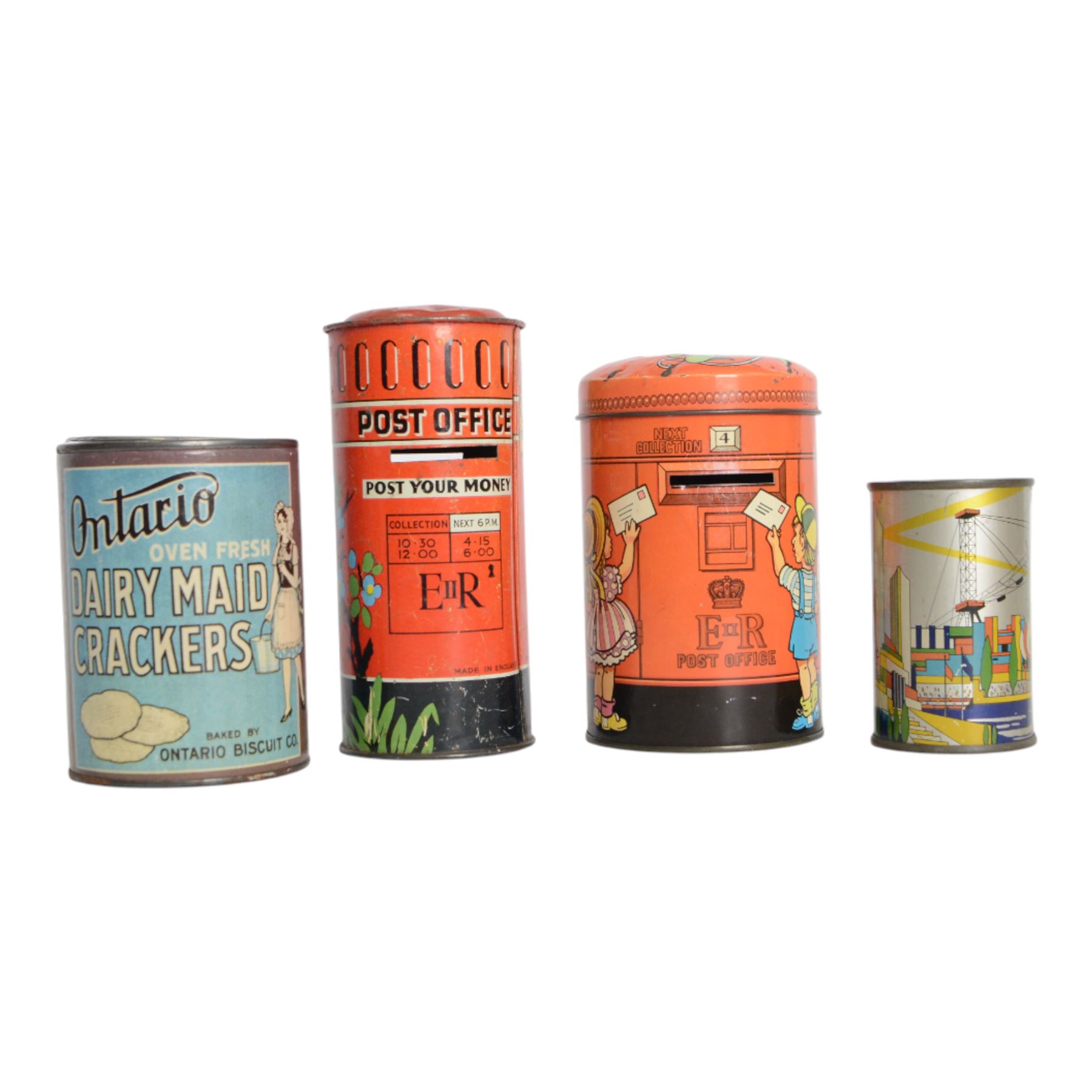 Ten vintage tin plate money boxes, including All American  Toys Mail-Bank, Chad Valley Airwaves Money Box, Chad Valley Post Office Money Box, Canister Co. Ltd Natural No.1 Peas Money Box, etc, tallest H23cm