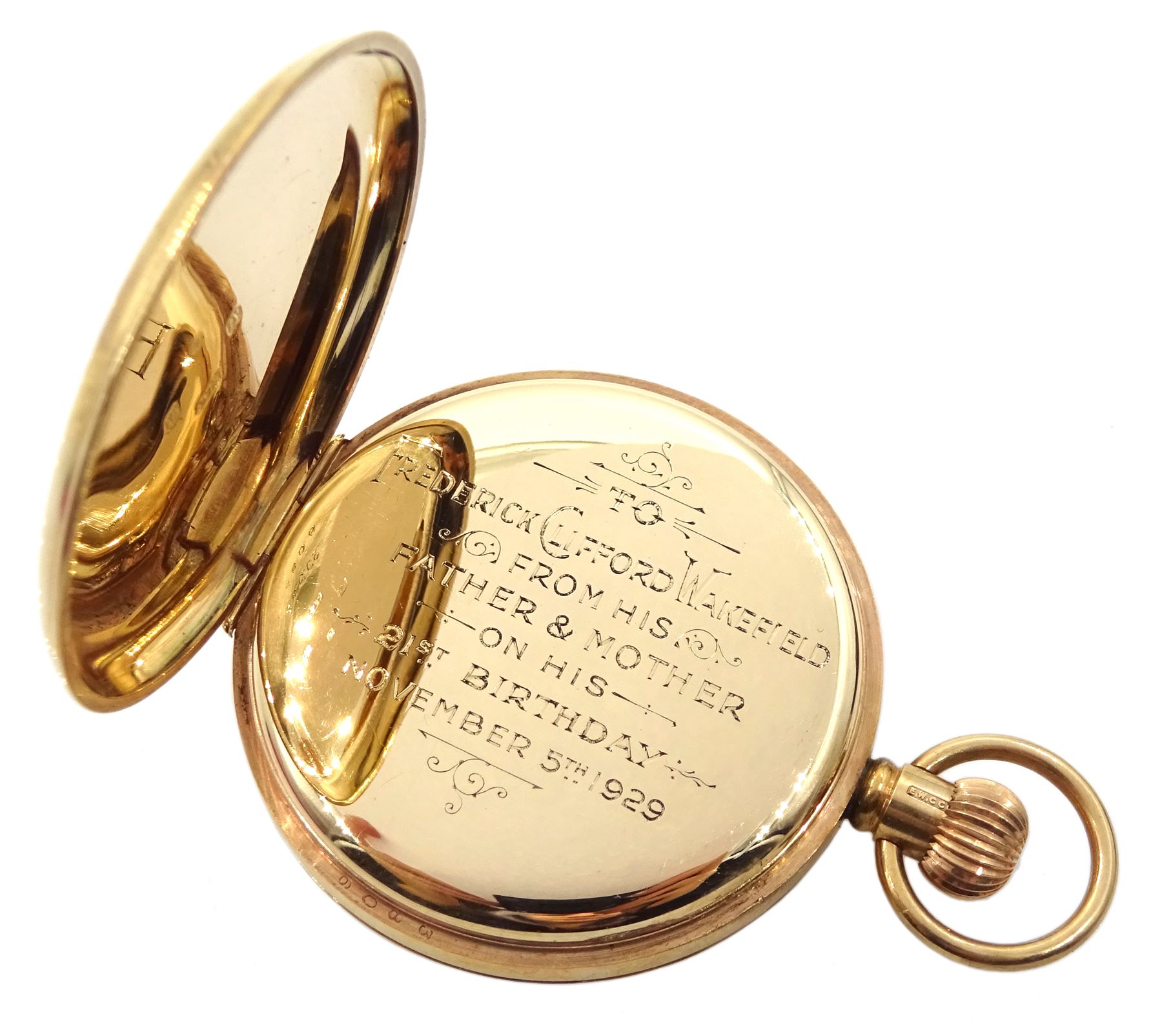Early 20th century 9ct gold open face Swiss lever presentation pocket watch, retailed by W. Batty & Sons Ltd the inner dust cover engraved, case by Eclipse Watch Company, Birmingham 1925, in original velvet and silk lined case