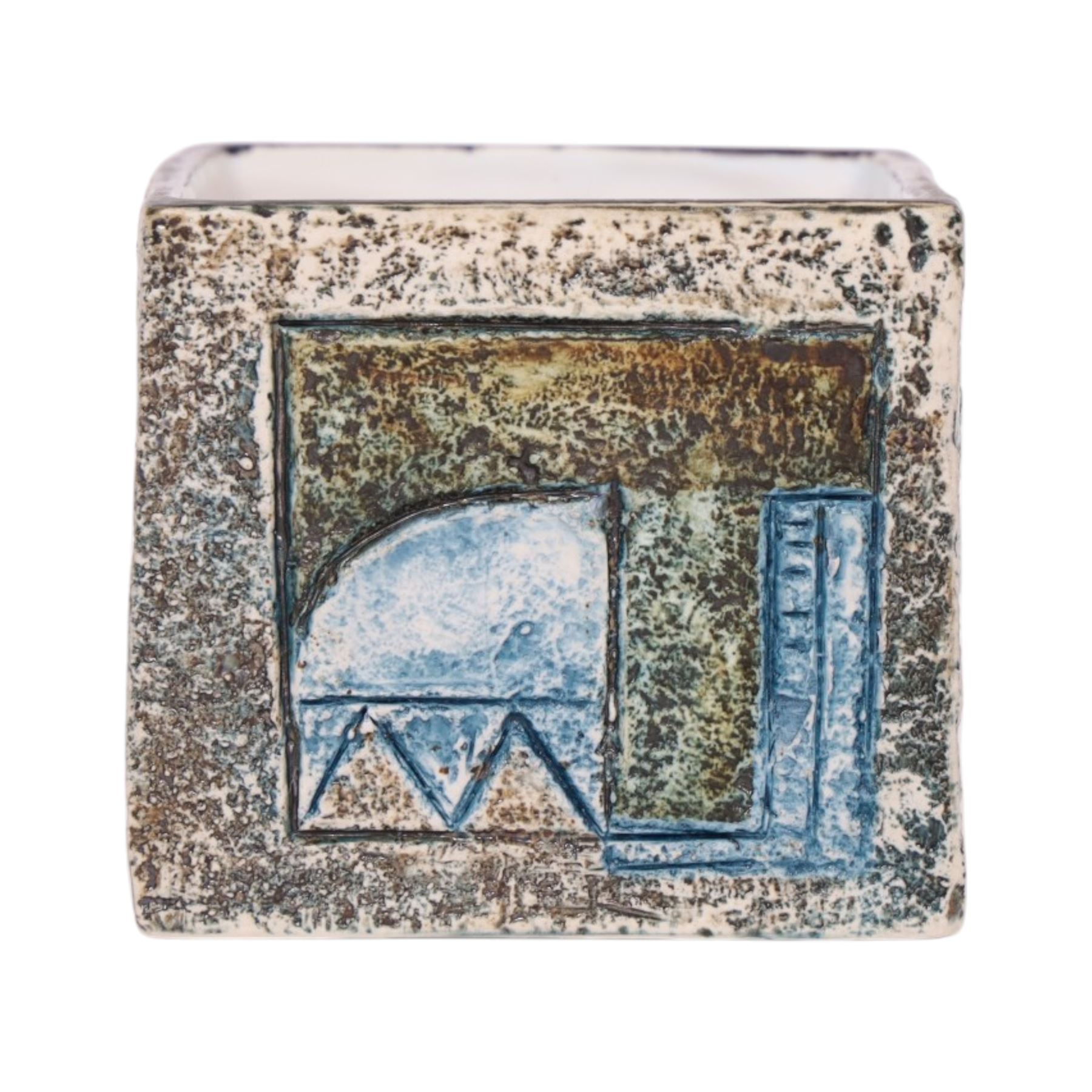 Troika cube vase by Anne Lewis, with geometric incised decoration in blue on a mottled blue ground, signed to base with initials