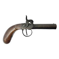 19c Belgian percussion cap pistol, approximately .45 calibre, with 7.5cm screw-off octagonal damascus barrel, lightly engraved lock and walnut stock L21cm overall