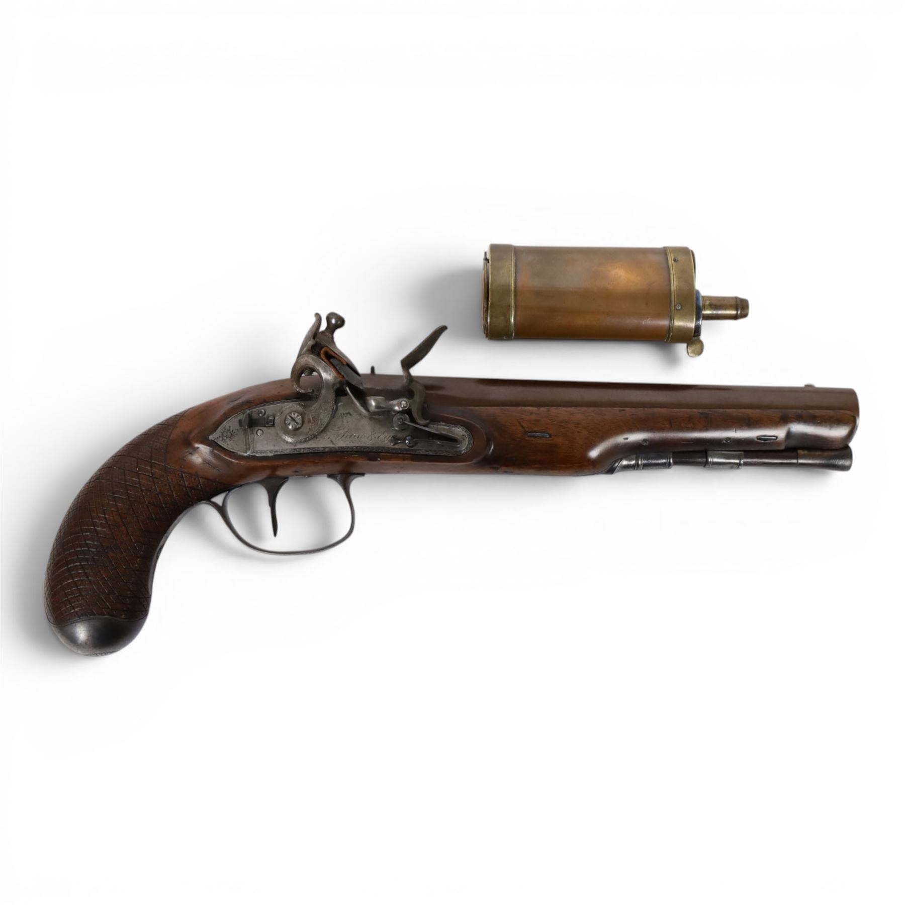 19th century British flintlock pistol by Tatham and Egg, with 21cms Damascus steel sighted barrel with original browning, marked along the top Tatham and Egg London, ramrod beneath, tang and trigger guard engraved with floral scrolls, figured walnut stock with chequered grip and steal butt plate, together with Dixon & Sons Sheffield, three way pistol powder flask, pistol overall L34cm