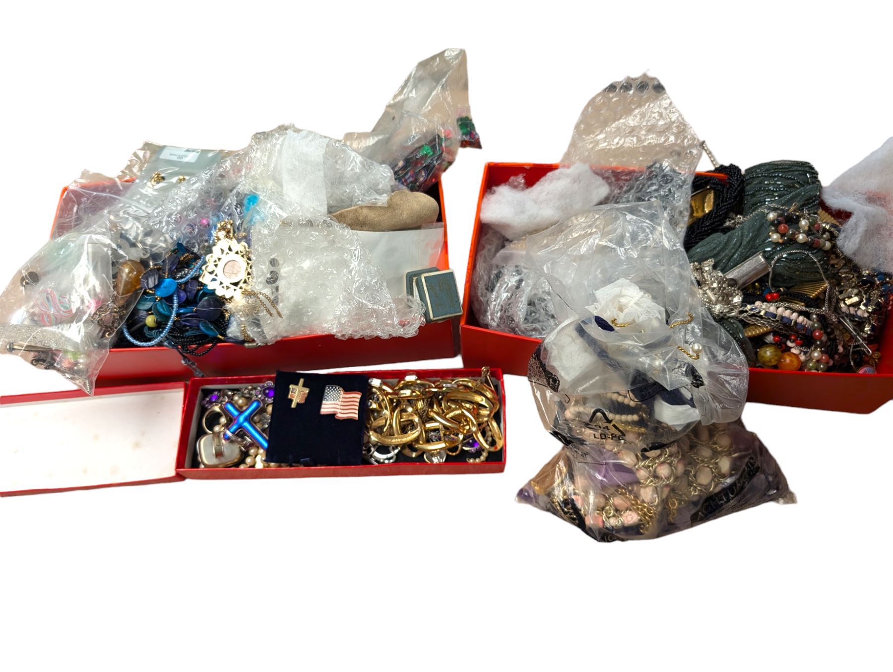 Collection of costume jewellery, including Monet earrings, beaded necklaces, rings etc