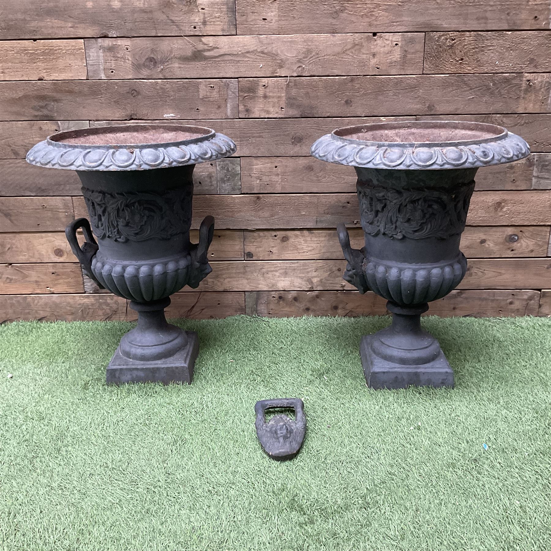 Pair of Victorian design ornate cast iron garden urns, painted in grey - THIS LOT IS TO BE COLLECTED BY APPOINTMENT FROM DUGGLEBY STORAGE, GREAT HILL, EASTFIELD, SCARBOROUGH, YO11 3TX