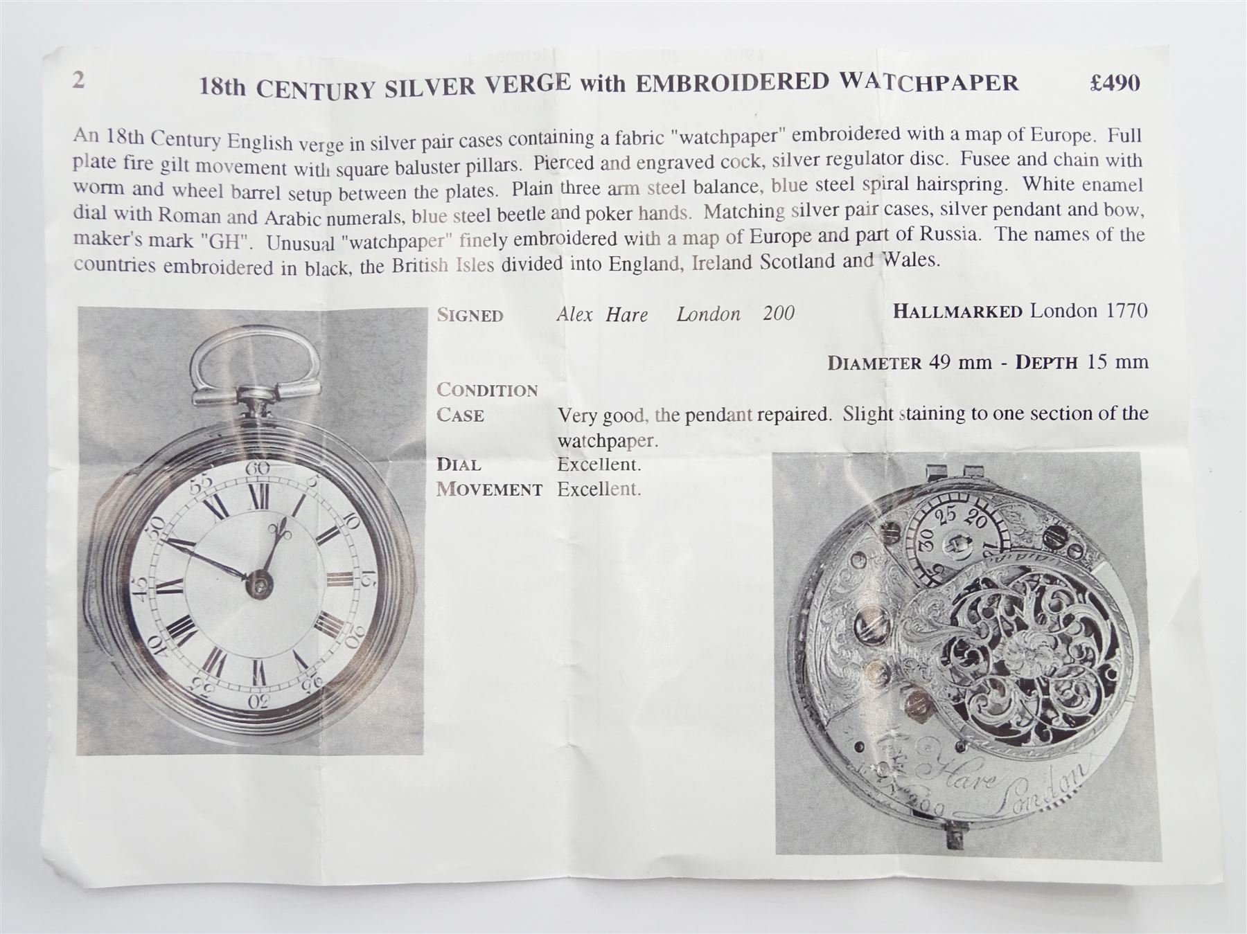 18th century silver pair cased verge fusee pocket watch by Alexander Hare (London ca.1781-1824), No. 200, square baluster pillars, pierced and engraved balance cock, white enamel dial with Roman hours and outer Arabic minute ring, beetle and poker hands, case makers mark G H, London 1770, with a fabric watchpaper embroidered with map of Europe