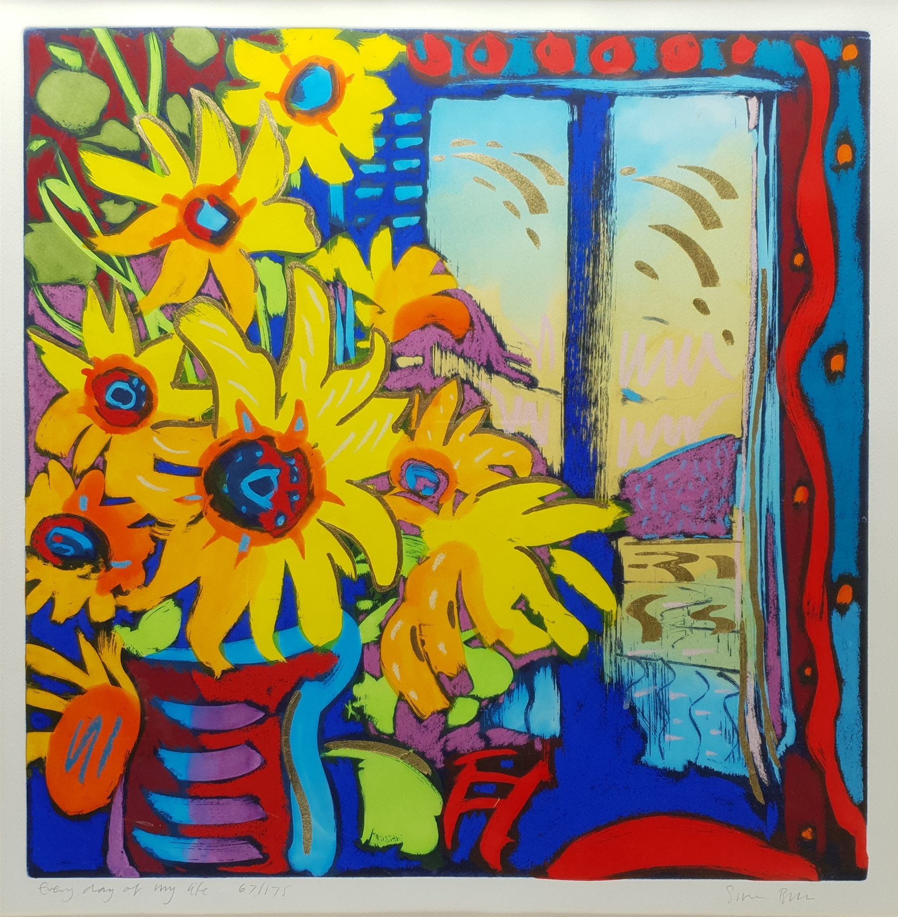 Simon Bull (British 1958-): 'Every Day of my Life', limited edition coloured aquatint with gold foil signed titled and numbered 67/175 in pencil 64cm x 63cm