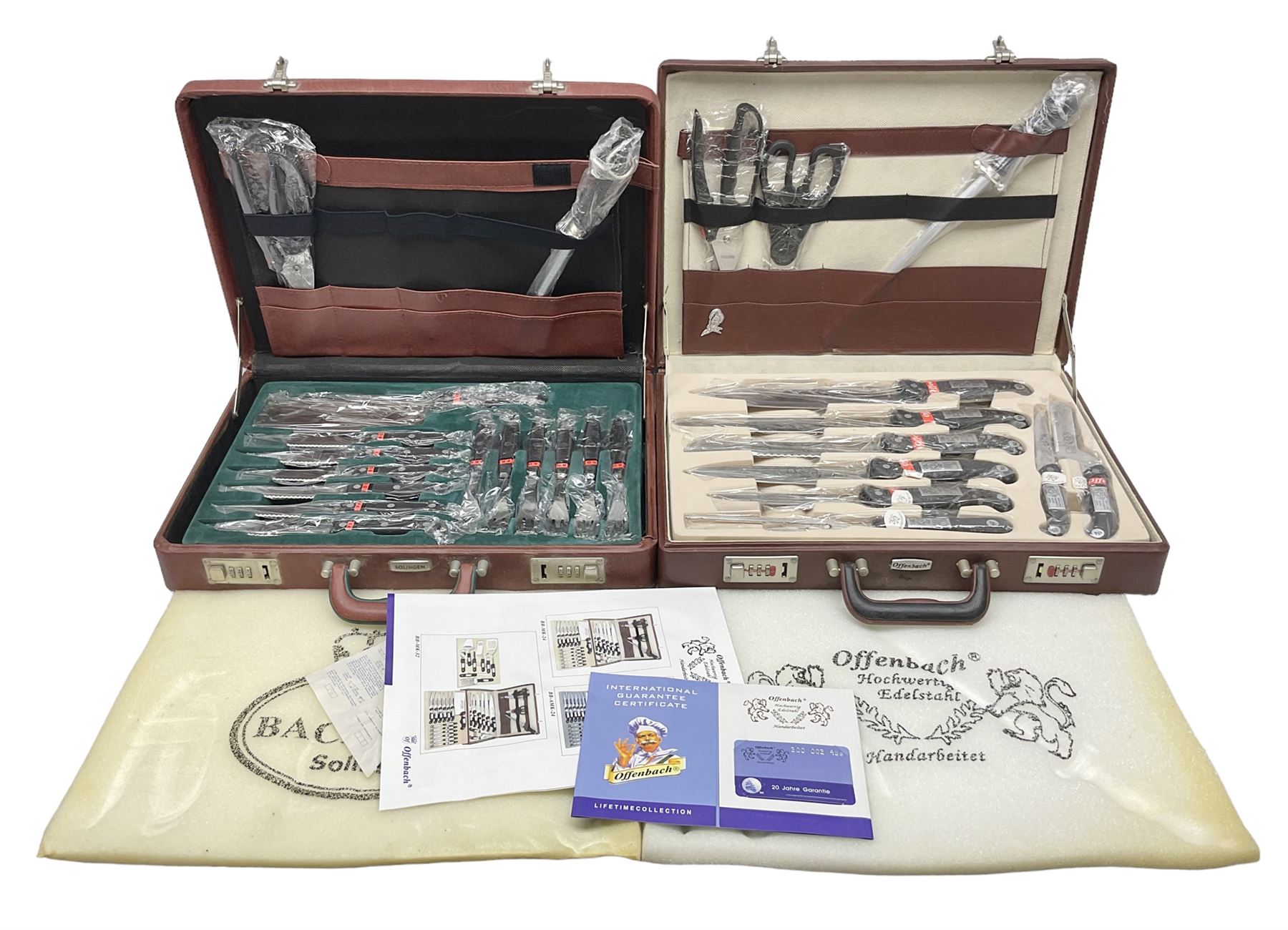 Bachmayr Soligen boxed set of six steak knives and fork, together with Offenbach chef quality knives, chopper, forks, scissors and knives sharpeners, in fitted cases
