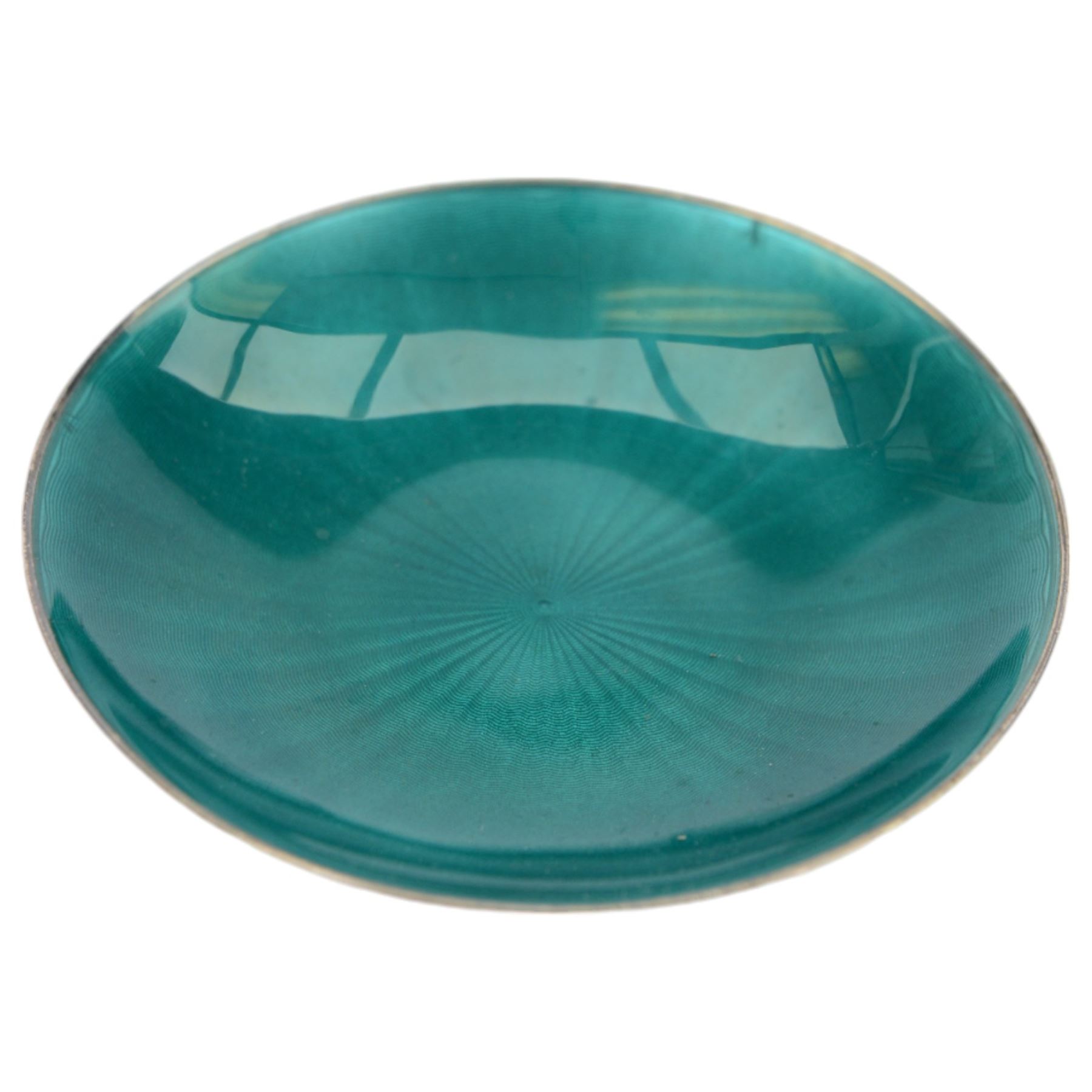 Mid 20th century Norwegian silver and guilloche enamel trinket dish by David Andersen, of circular form, with green guilloche enamel centre, stamped beneath D-A 925S Norway Sterling, D8cm